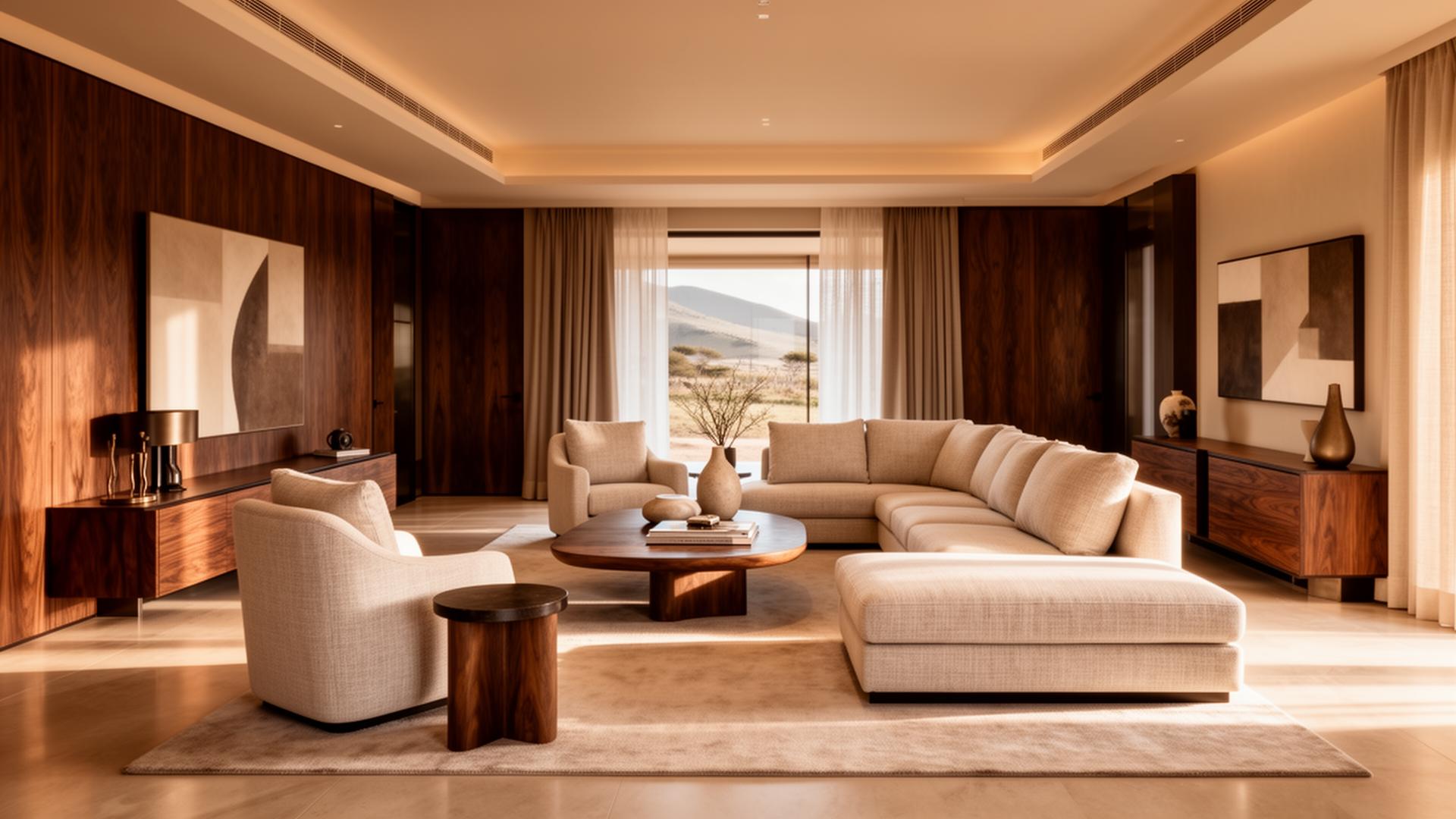 A warm, sunlit luxury living room with bespoke walnut furniture and linen seating